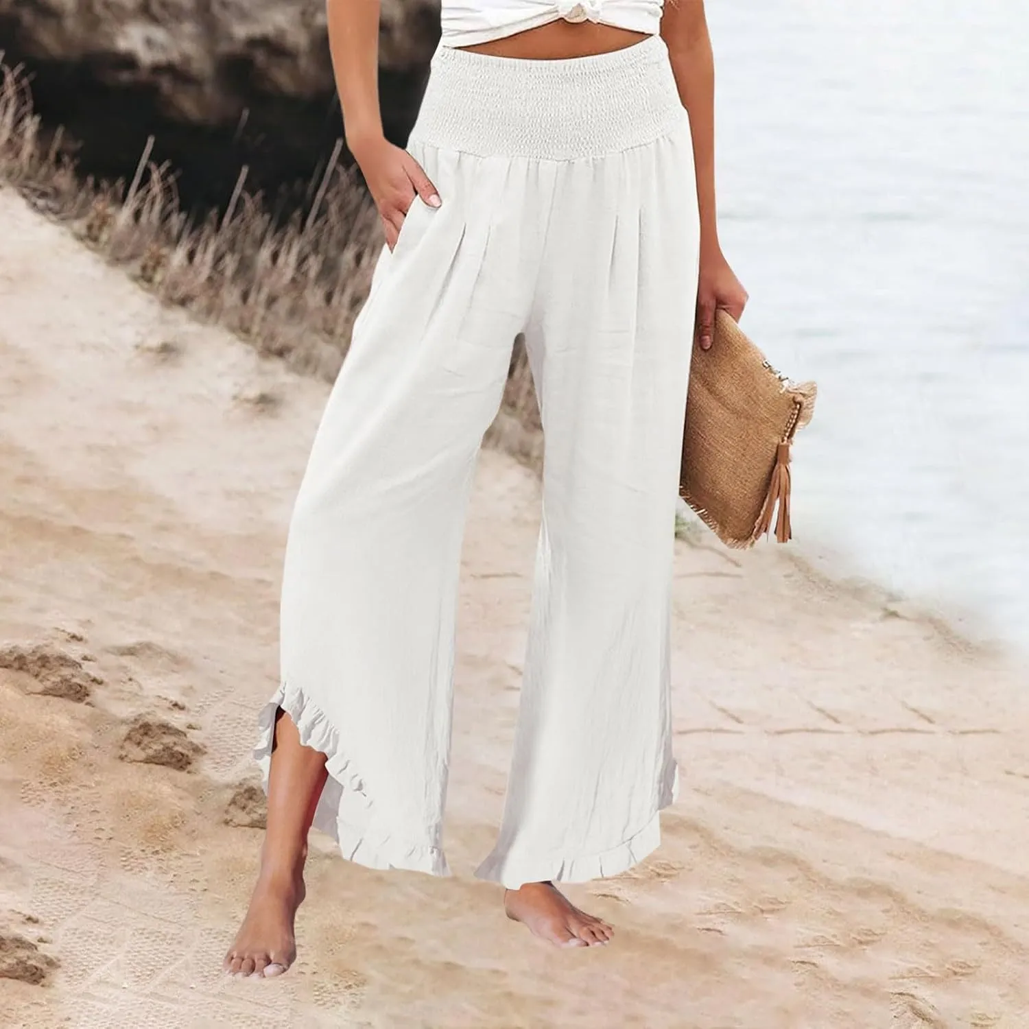 Women Linen Pants Summer Wide Leg Smocked Waist Ruffle Hem Palazzo Pant Boho Flowy Beach Trousers with Pocket