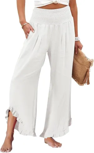 Women Linen Pants Summer Wide Leg Smocked Waist Ruffle Hem Palazzo Pant Boho Flowy Beach Trousers with Pocket