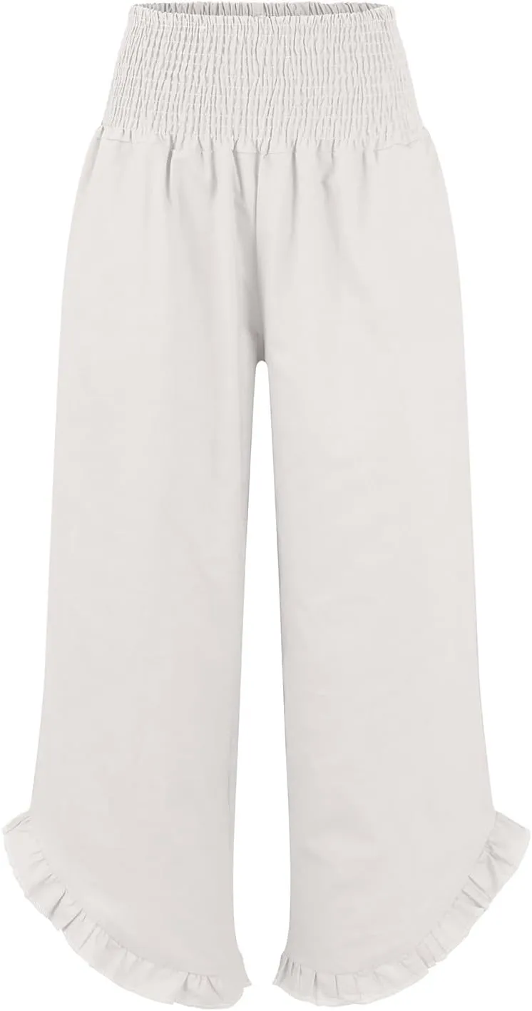 Women Linen Pants Summer Wide Leg Smocked Waist Ruffle Hem Palazzo Pant Boho Flowy Beach Trousers with Pocket