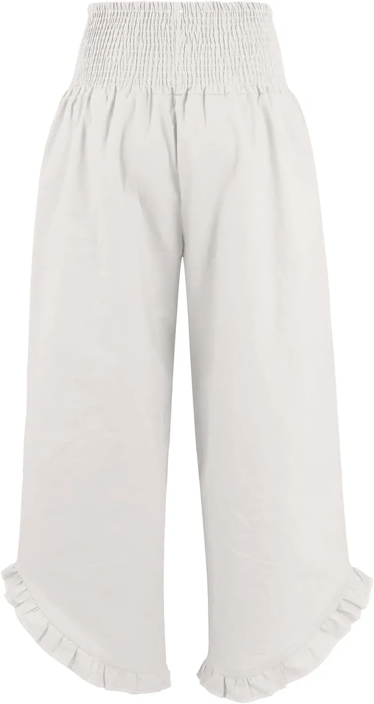 Women Linen Pants Summer Wide Leg Smocked Waist Ruffle Hem Palazzo Pant Boho Flowy Beach Trousers with Pocket