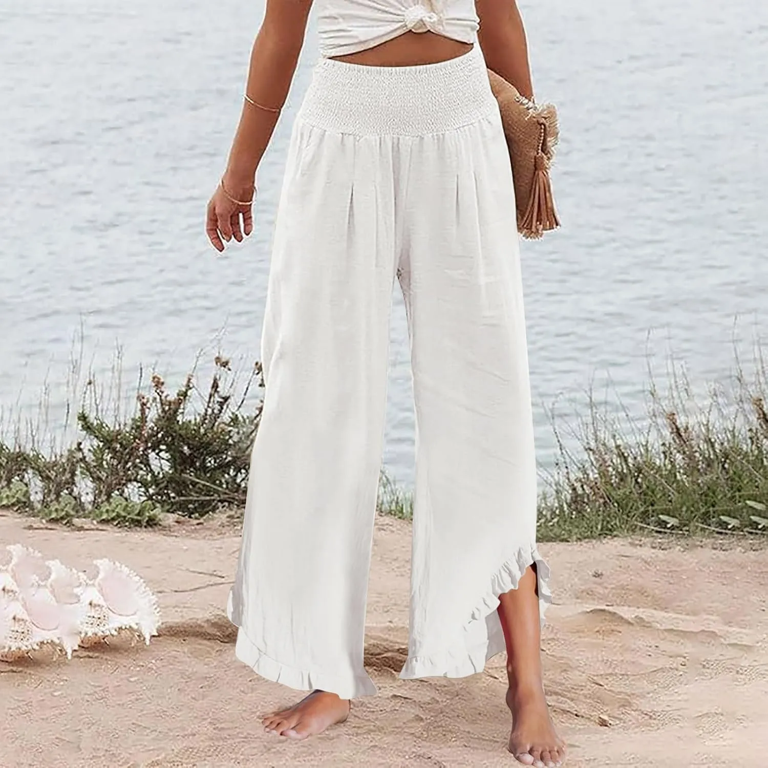 Women Linen Pants Summer Wide Leg Smocked Waist Ruffle Hem Palazzo Pant Boho Flowy Beach Trousers with Pocket
