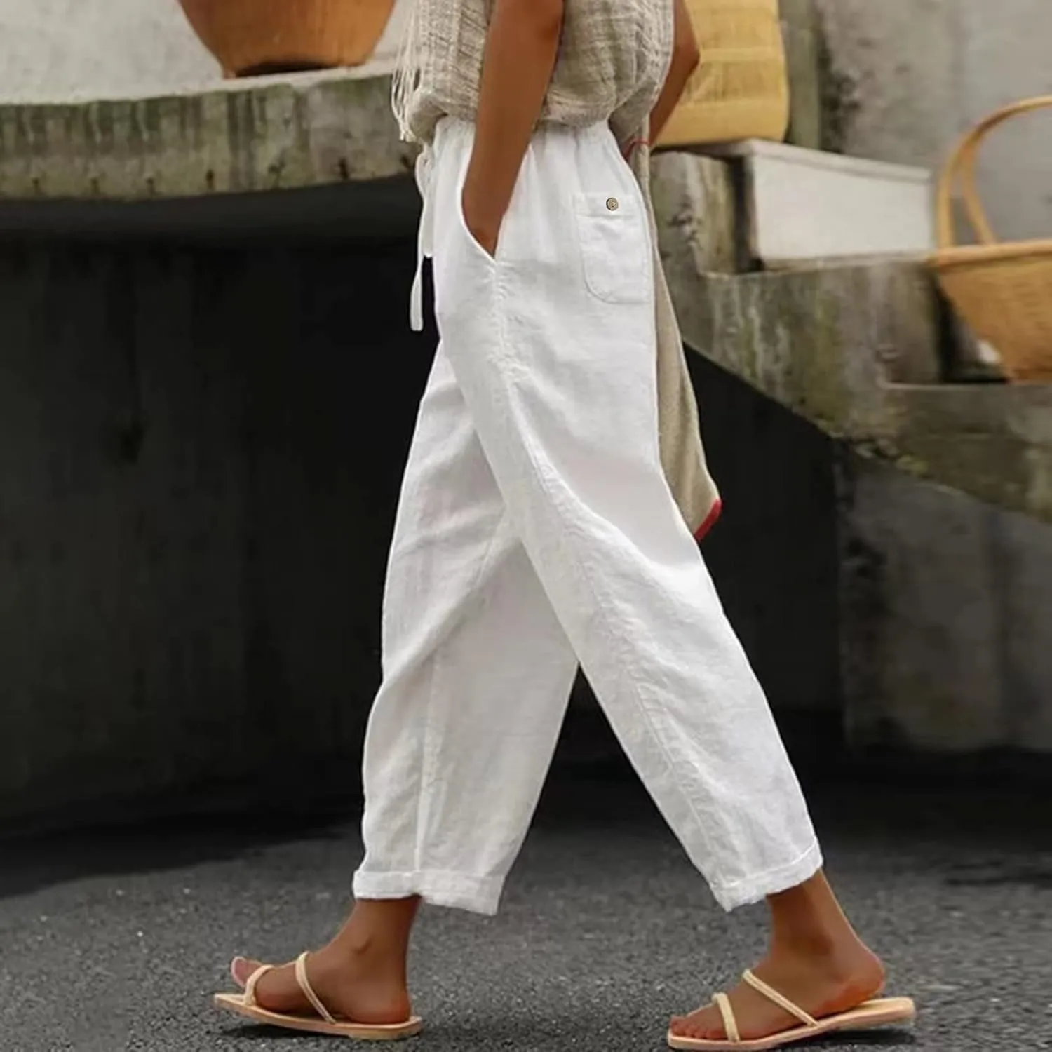 Women Linen Pants Waist Pants Drawstring Capri Pants with Pockets Wide Leg Cropped Elastic High Waist Comfy Baggy Trousers