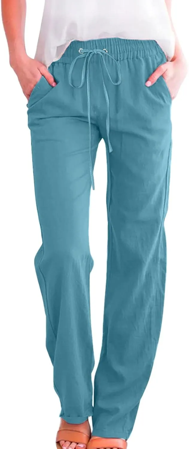 Women Linen Summer Casual Flowy Palazzo Pants Elastic Waist Lounge Pants Loose Fit Pants Beach