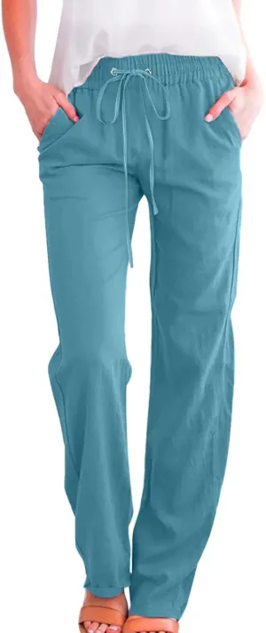 Women Linen Summer Casual Flowy Palazzo Pants Elastic Waist Lounge Pants Loose Fit Pants Beach