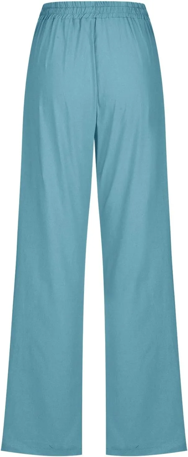 Women Linen Summer Casual Flowy Palazzo Pants Elastic Waist Lounge Pants Loose Fit Pants Beach
