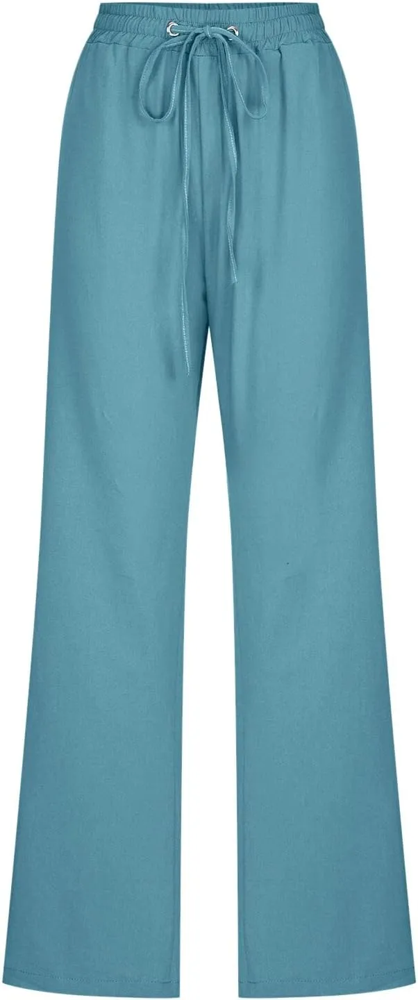 Women Linen Summer Casual Flowy Palazzo Pants Elastic Waist Lounge Pants Loose Fit Pants Beach