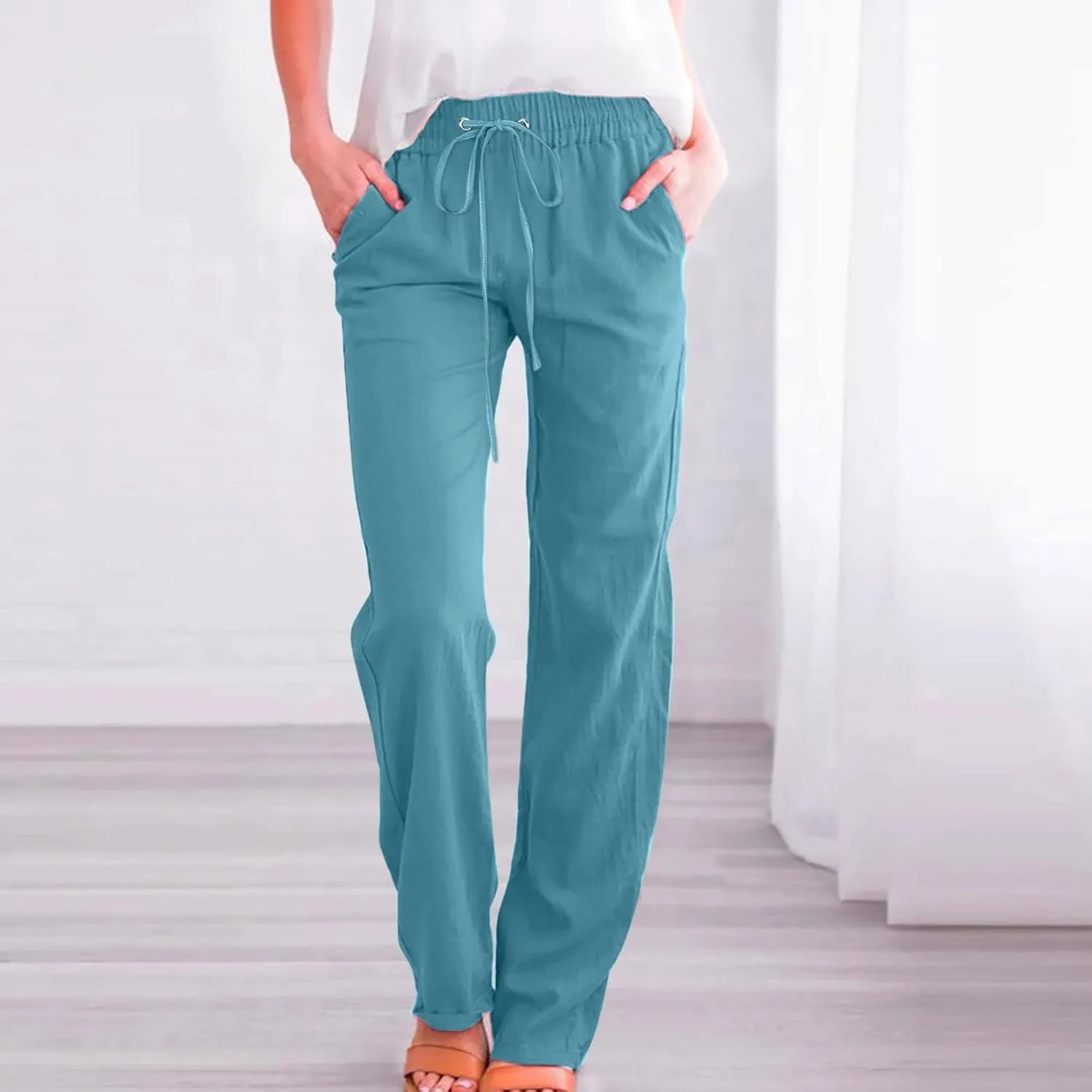 Women Linen Summer Casual Flowy Palazzo Pants Elastic Waist Lounge Pants Loose Fit Pants Beach