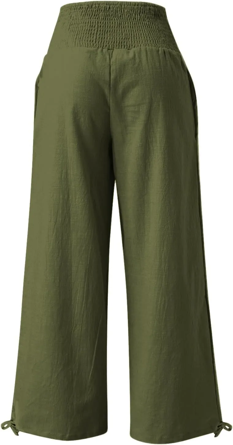 Women Linen Summer Casual Loose Palazzo Lounge Pants High Waist Bootcut Slim-Fit Pants Office