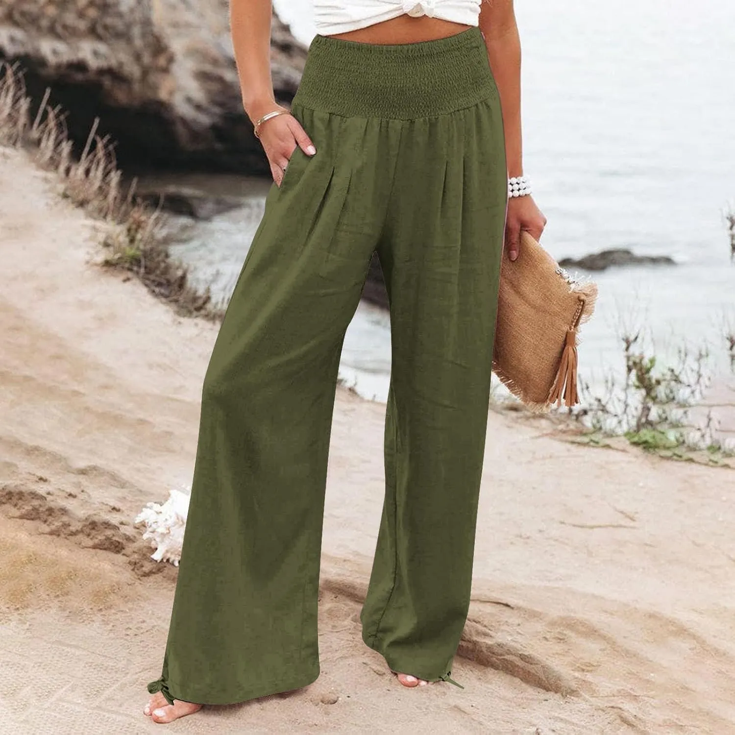 Women Linen Summer Casual Loose Palazzo Lounge Pants High Waist Bootcut Slim-Fit Pants Office