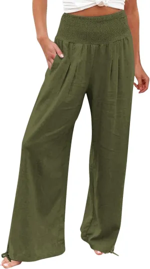 Women Linen Summer Casual Loose Palazzo Lounge Pants High Waist Bootcut Slim-Fit Pants Office