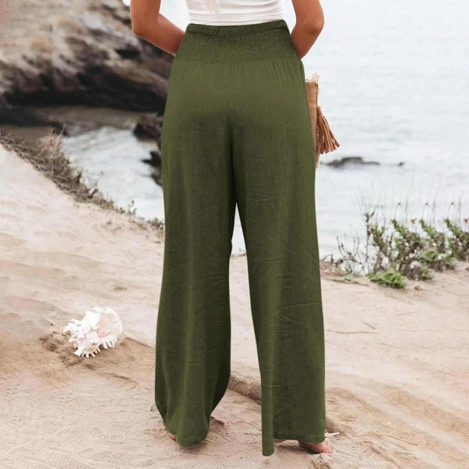 Women Linen Summer Casual Loose Palazzo Lounge Pants High Waist Bootcut Slim-Fit Pants Office