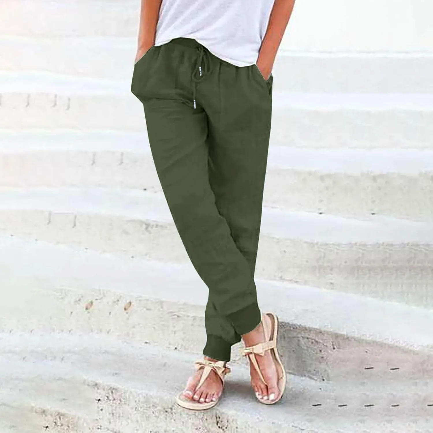 Women Linen Summer Letter Patched Palazzo Lounge Pants High Waist Stretchy Slim Fit Trousers Beach