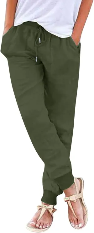 Women Linen Summer Letter Patched Palazzo Lounge Pants High Waist Stretchy Slim Fit Trousers Beach