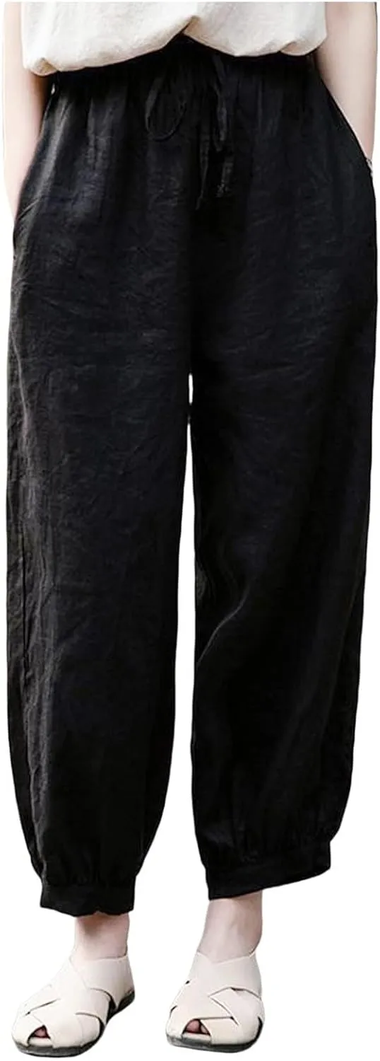 Women Linen Summer Loose Flowy Pant Trousers Low Waist Wide Leg Slim-Fit Palazzo Lounge Pants Work Business
