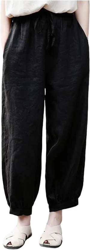 Women Linen Summer Loose Flowy Pant Trousers Low Waist Wide Leg Slim-Fit Palazzo Lounge Pants Work Business