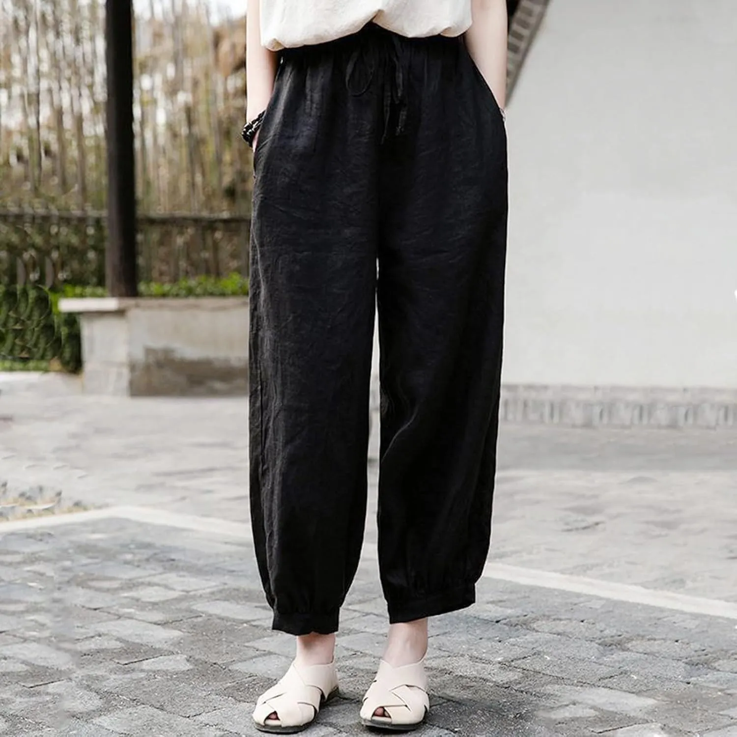 Women Linen Summer Loose Flowy Pant Trousers Low Waist Wide Leg Slim-Fit Palazzo Lounge Pants Work Business