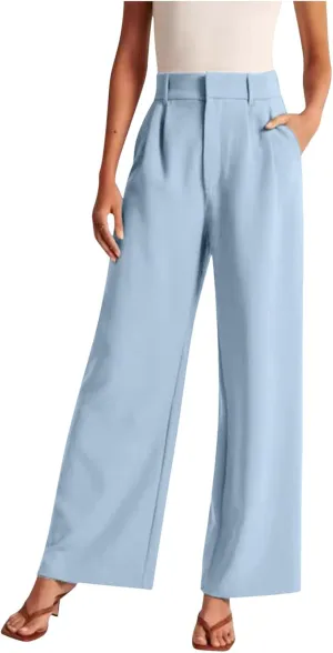 Women Linen Summer Split Flowy Palazzo Pants Low Waist Straight Loose Fit Pant Trousers Office