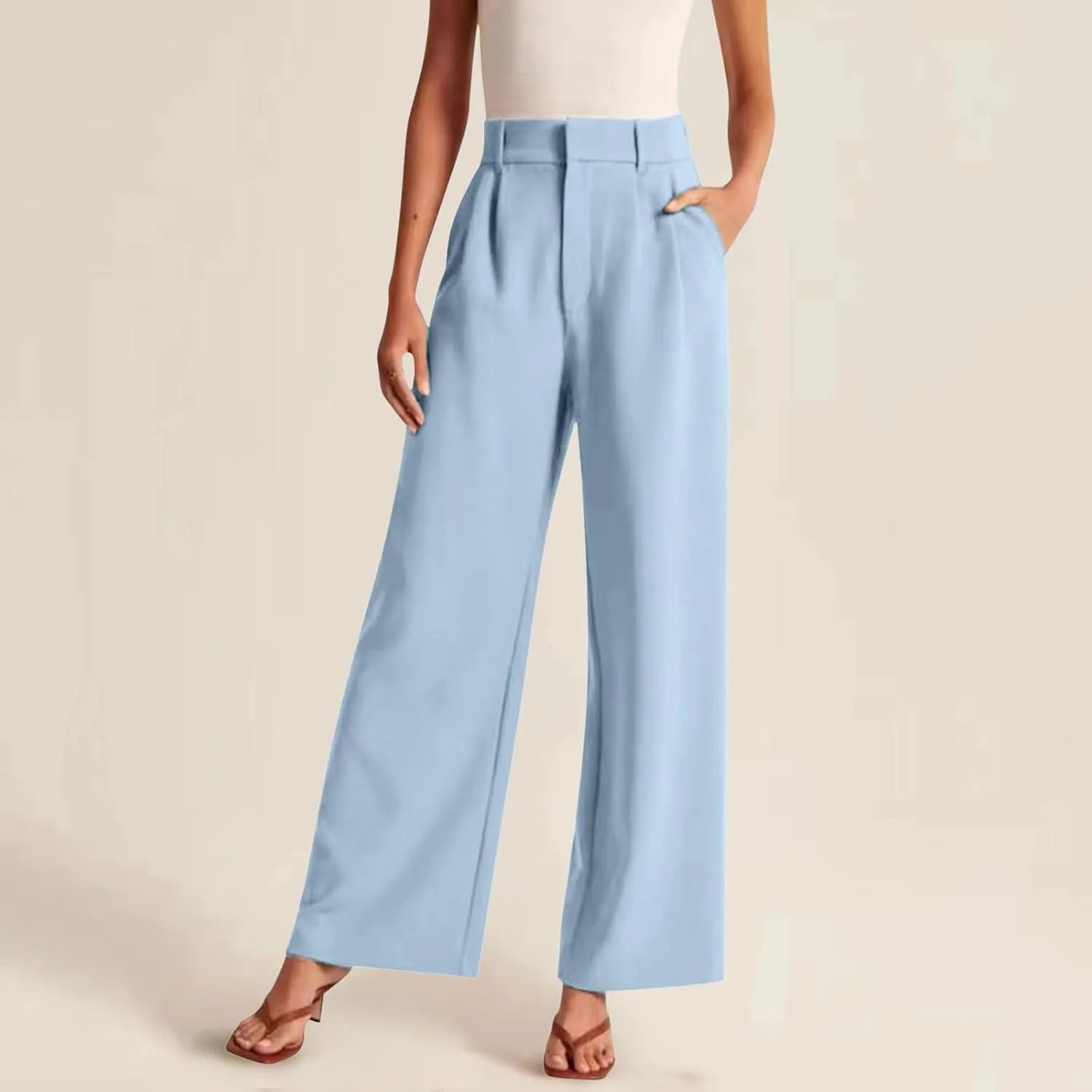 Women Linen Summer Split Flowy Palazzo Pants Low Waist Straight Loose Fit Pant Trousers Office