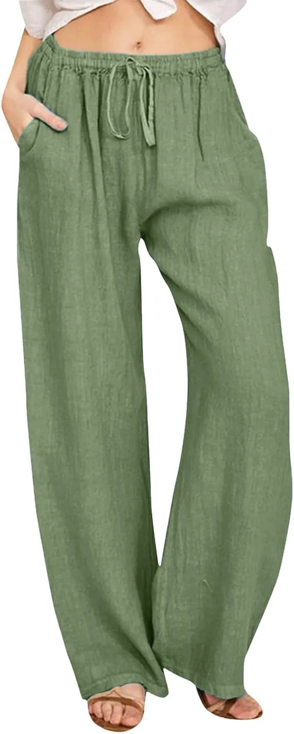Women Linen Summer Striped Palazzo Pants High Waist Ankle Length Slim Fit Palazzo Pants Beach