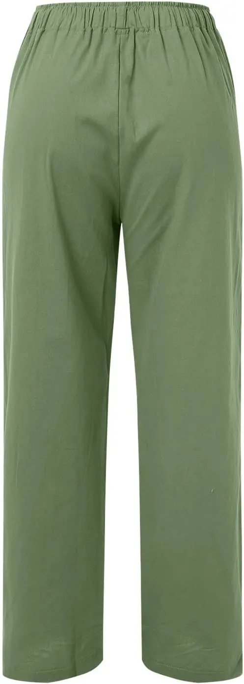 Women Linen Summer Striped Palazzo Pants High Waist Ankle Length Slim Fit Palazzo Pants Beach