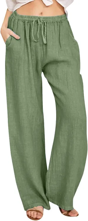 Women Linen Summer Striped Palazzo Pants High Waist Ankle Length Slim Fit Palazzo Pants Beach