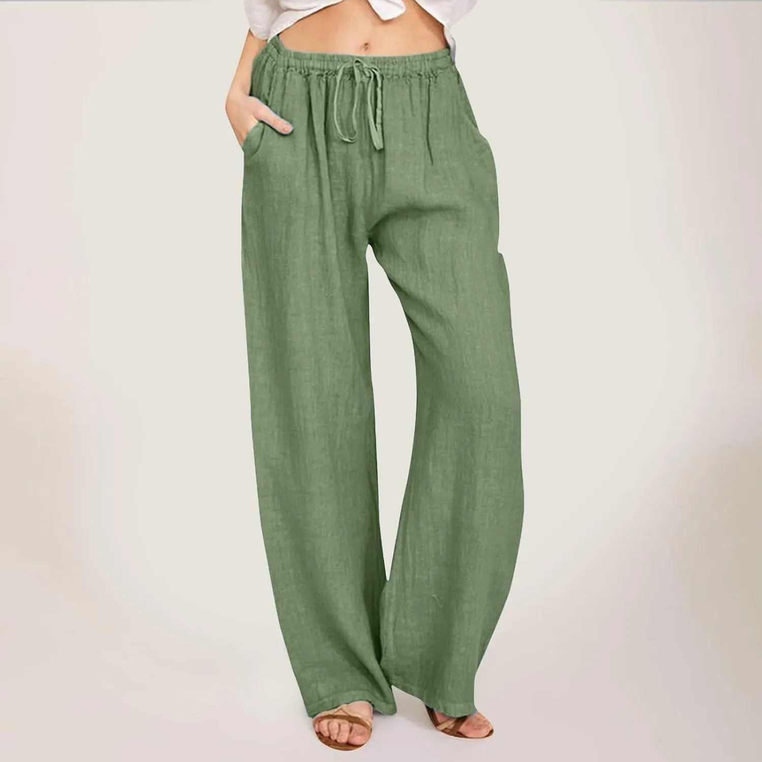 Women Linen Summer Striped Palazzo Pants High Waist Ankle Length Slim Fit Palazzo Pants Beach