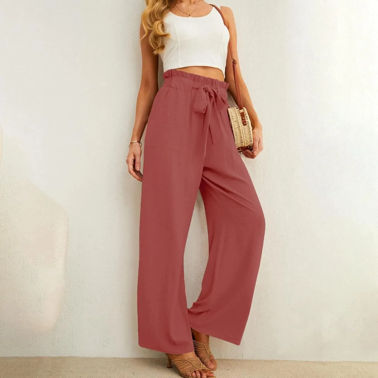 Women Linen Summer Tie Knot Palazzo Pants Low Waist Long Lounge Slim-Fit Palazzo Pants Travel