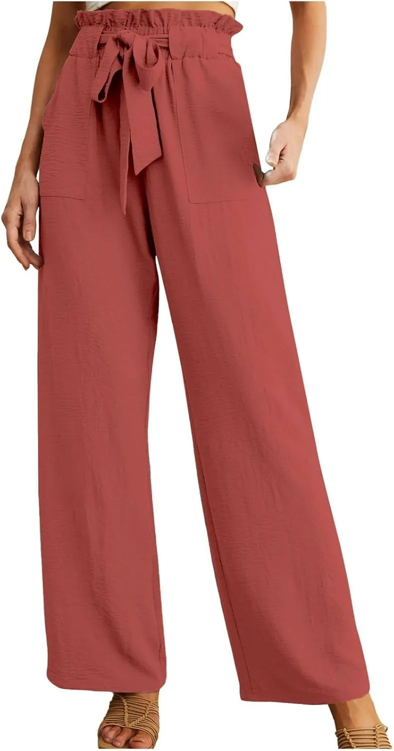 Women Linen Summer Tie Knot Palazzo Pants Low Waist Long Lounge Slim-Fit Palazzo Pants Travel