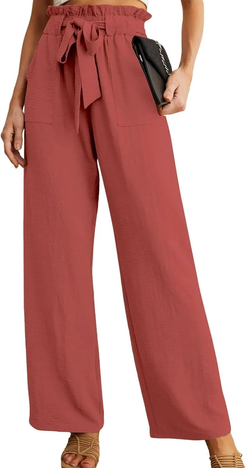 Women Linen Summer Tie Knot Palazzo Pants Low Waist Long Lounge Slim-Fit Palazzo Pants Travel