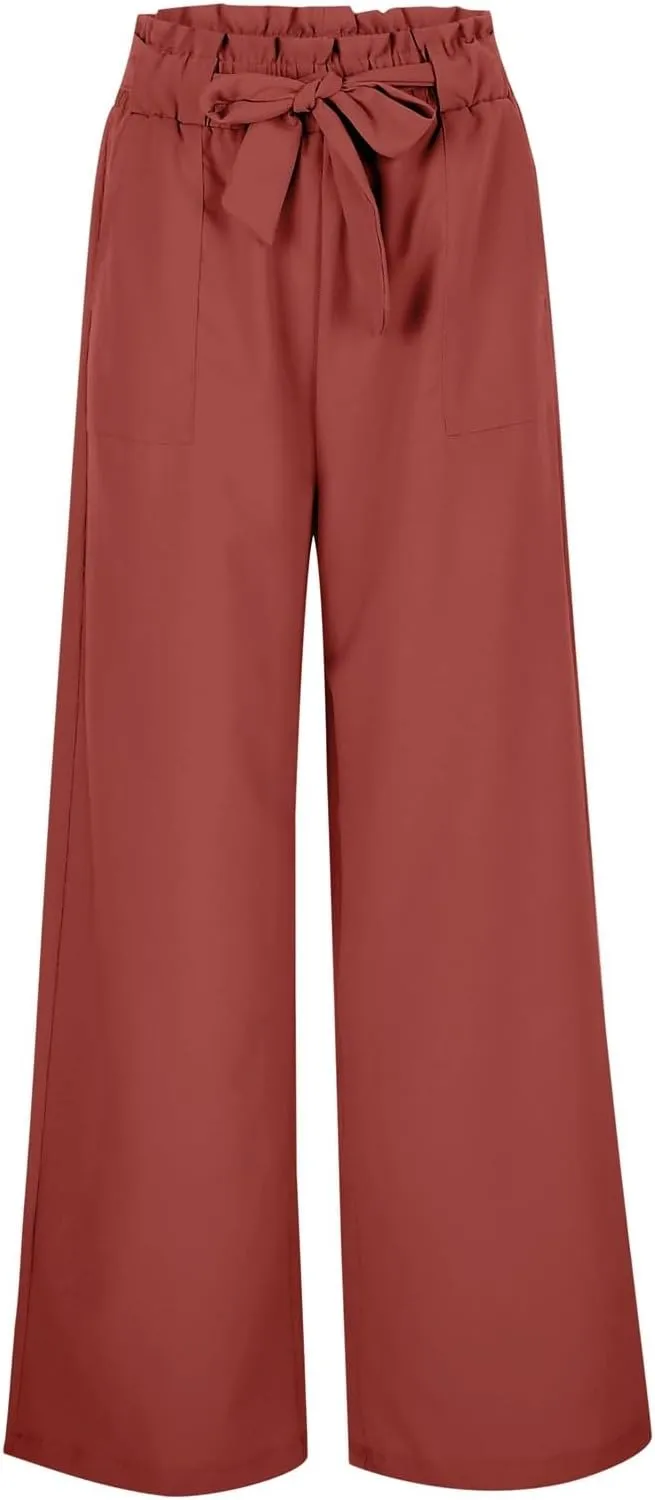Women Linen Summer Tie Knot Palazzo Pants Low Waist Long Lounge Slim-Fit Palazzo Pants Travel