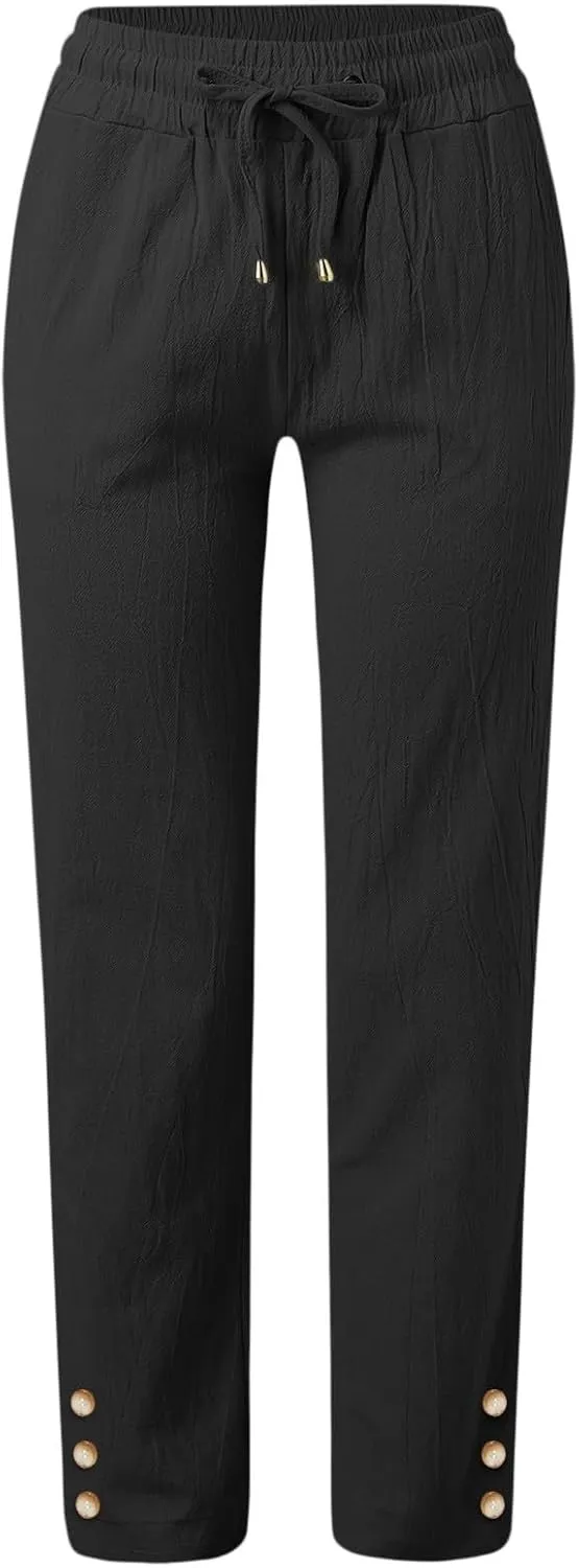 Women Linen Summer Y2K Fashion Pant Trousers Low Waist Stretchy Straight Plus Size Trouser Vacation