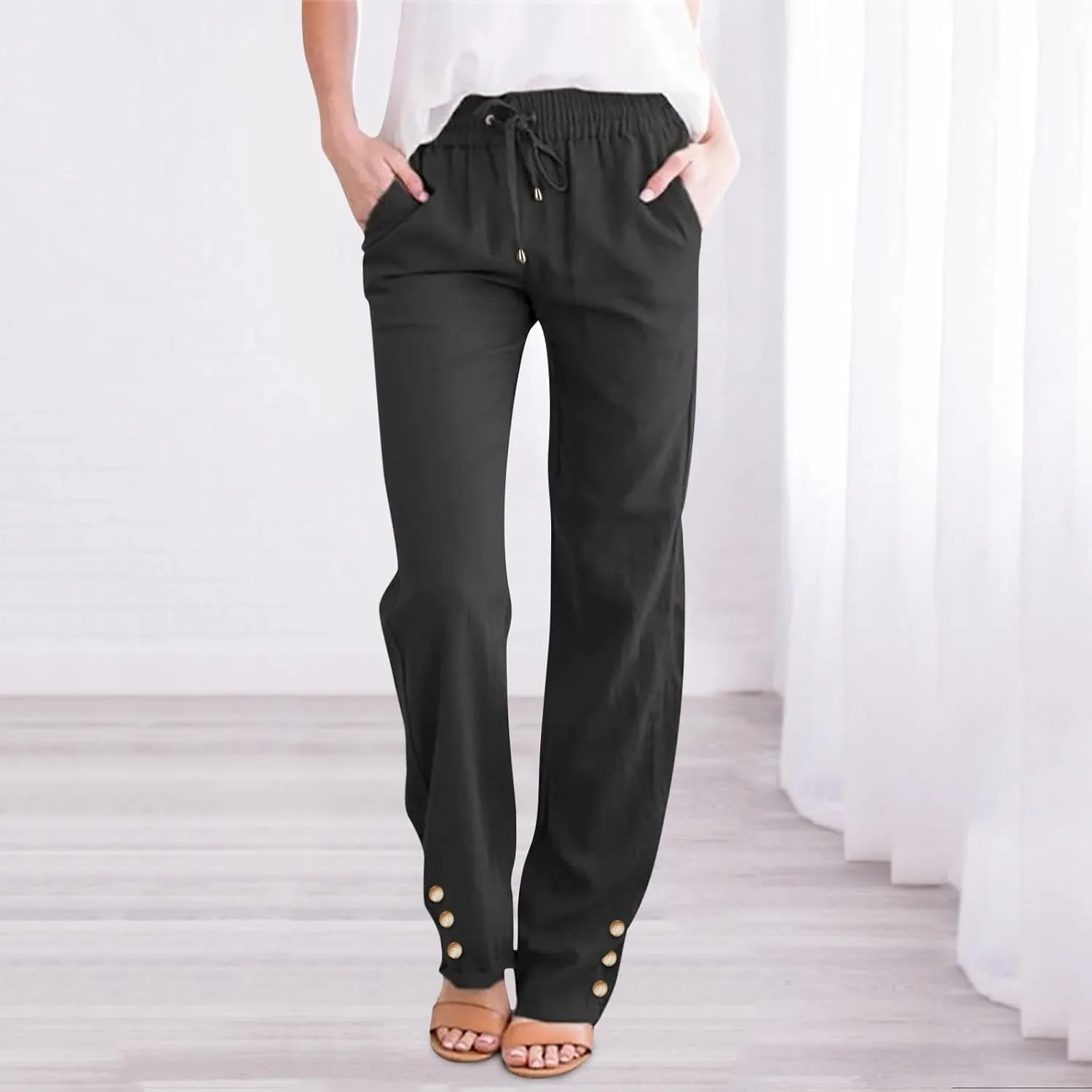 Women Linen Summer Y2K Fashion Pant Trousers Low Waist Stretchy Straight Plus Size Trouser Vacation