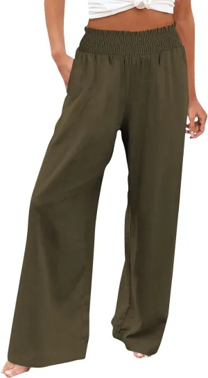 Women Palazzo Pants Linen Baggy Trousers Vacation Outfits High Waist Flowy Loose Wide Leg Pant with Pocket