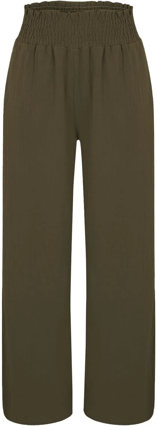 Women Palazzo Pants Linen Baggy Trousers Vacation Outfits High Waist Flowy Loose Wide Leg Pant with Pocket