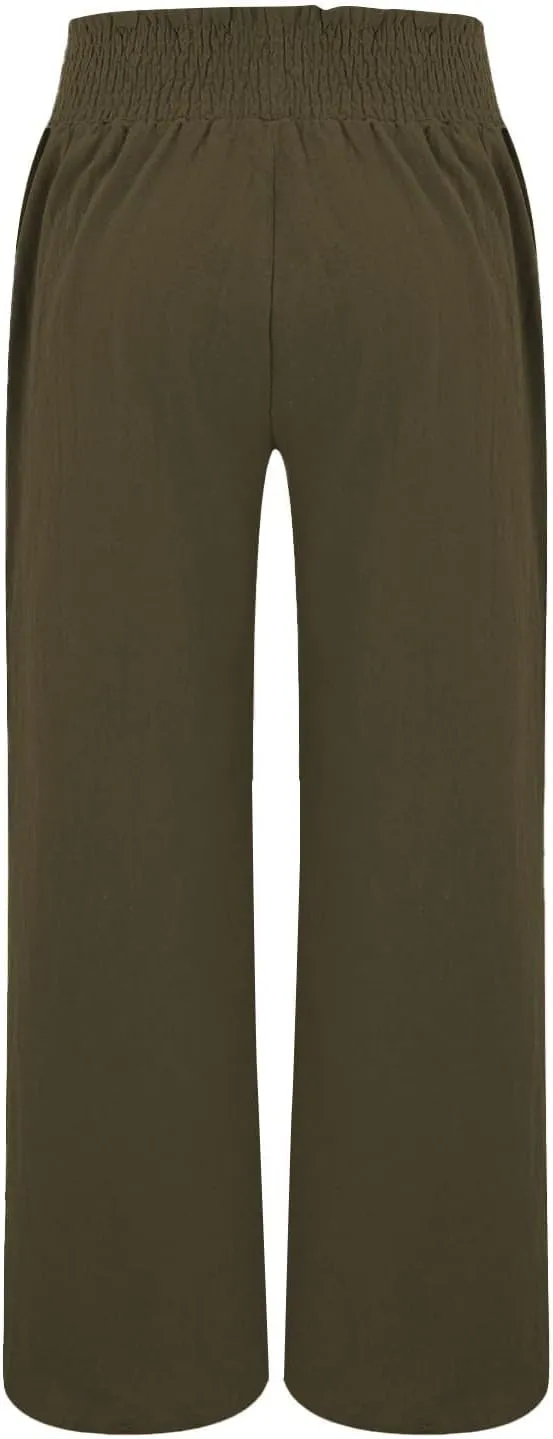 Women Palazzo Pants Linen Baggy Trousers Vacation Outfits High Waist Flowy Loose Wide Leg Pant with Pocket
