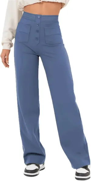 Women Pants 2025 Fashion High Waist Button Down Stretchy Work Pant Trousers Casual Straight Leg Pants with Pockets