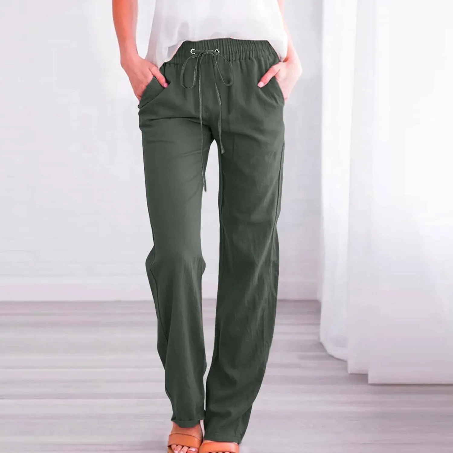 Women Pants Casual Work Wide Leg Linen Pants High Waist Drawstring Summer Trouser with Pocket Beach Palazzo Pants