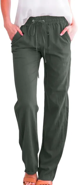 Women Pants Casual Work Wide Leg Linen Pants High Waist Drawstring Summer Trouser with Pocket Beach Palazzo Pants