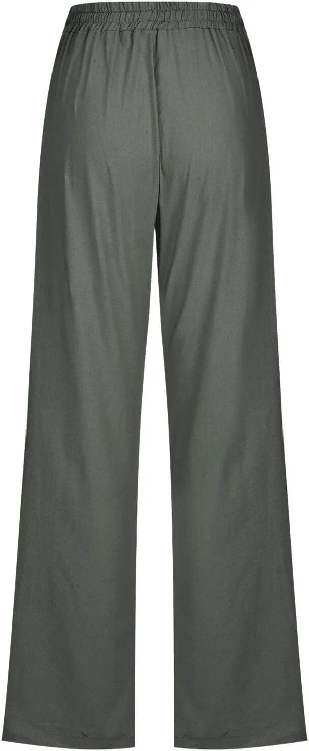 Women Pants Casual Work Wide Leg Linen Pants High Waist Drawstring Summer Trouser with Pocket Beach Palazzo Pants