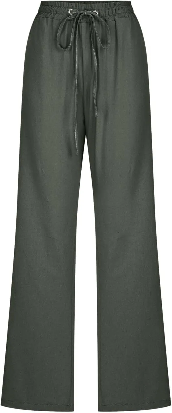 Women Pants Casual Work Wide Leg Linen Pants High Waist Drawstring Summer Trouser with Pocket Beach Palazzo Pants