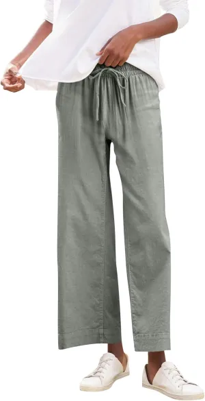 Women Pants Wide Leg Linen High Rise Summer Trendy Pants 2025 Elastic Flowy Palazzo with Pockets Solid Trouser Fashion