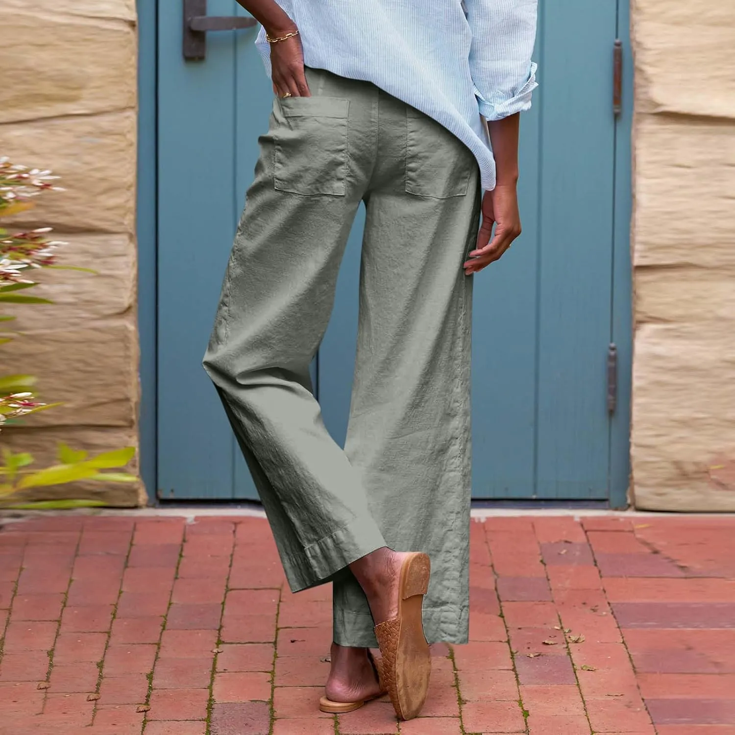 Women Pants Wide Leg Linen High Rise Summer Trendy Pants 2025 Elastic Flowy Palazzo with Pockets Solid Trouser Fashion