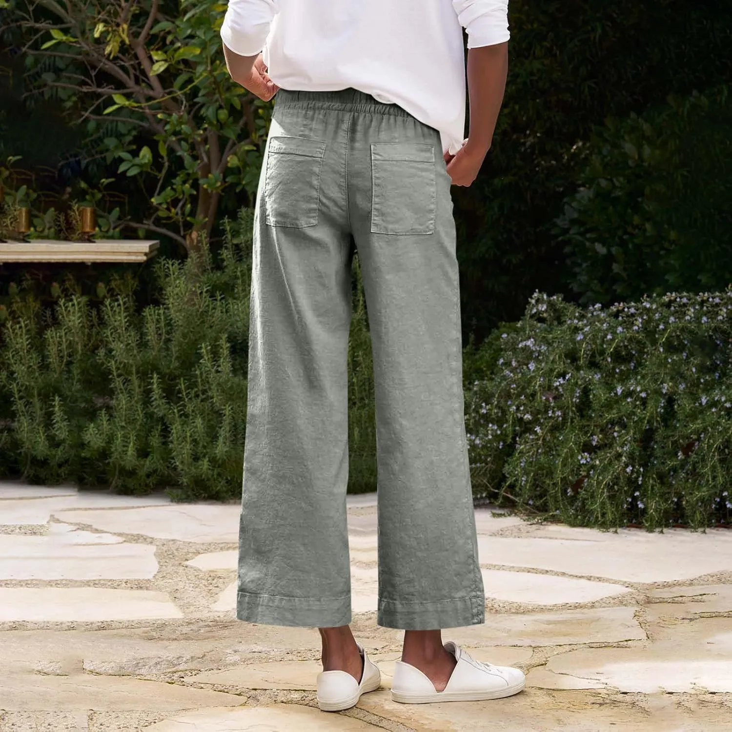 Women Pants Wide Leg Linen High Rise Summer Trendy Pants 2025 Elastic Flowy Palazzo with Pockets Solid Trouser Fashion
