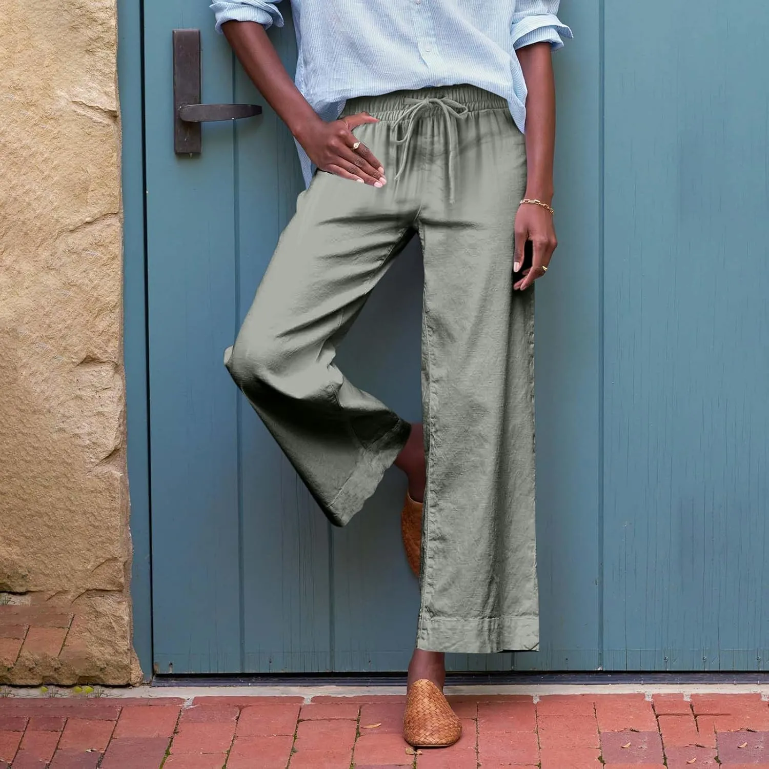 Women Pants Wide Leg Linen High Rise Summer Trendy Pants 2025 Elastic Flowy Palazzo with Pockets Solid Trouser Fashion