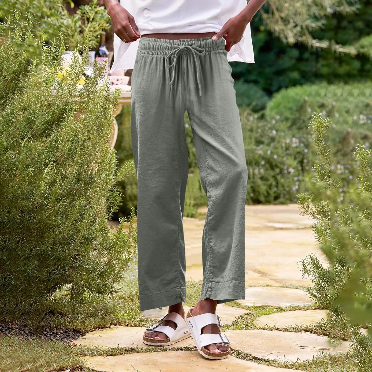 Women Pants Wide Leg Linen High Rise Summer Trendy Pants 2025 Elastic Flowy Palazzo with Pockets Solid Trouser Fashion