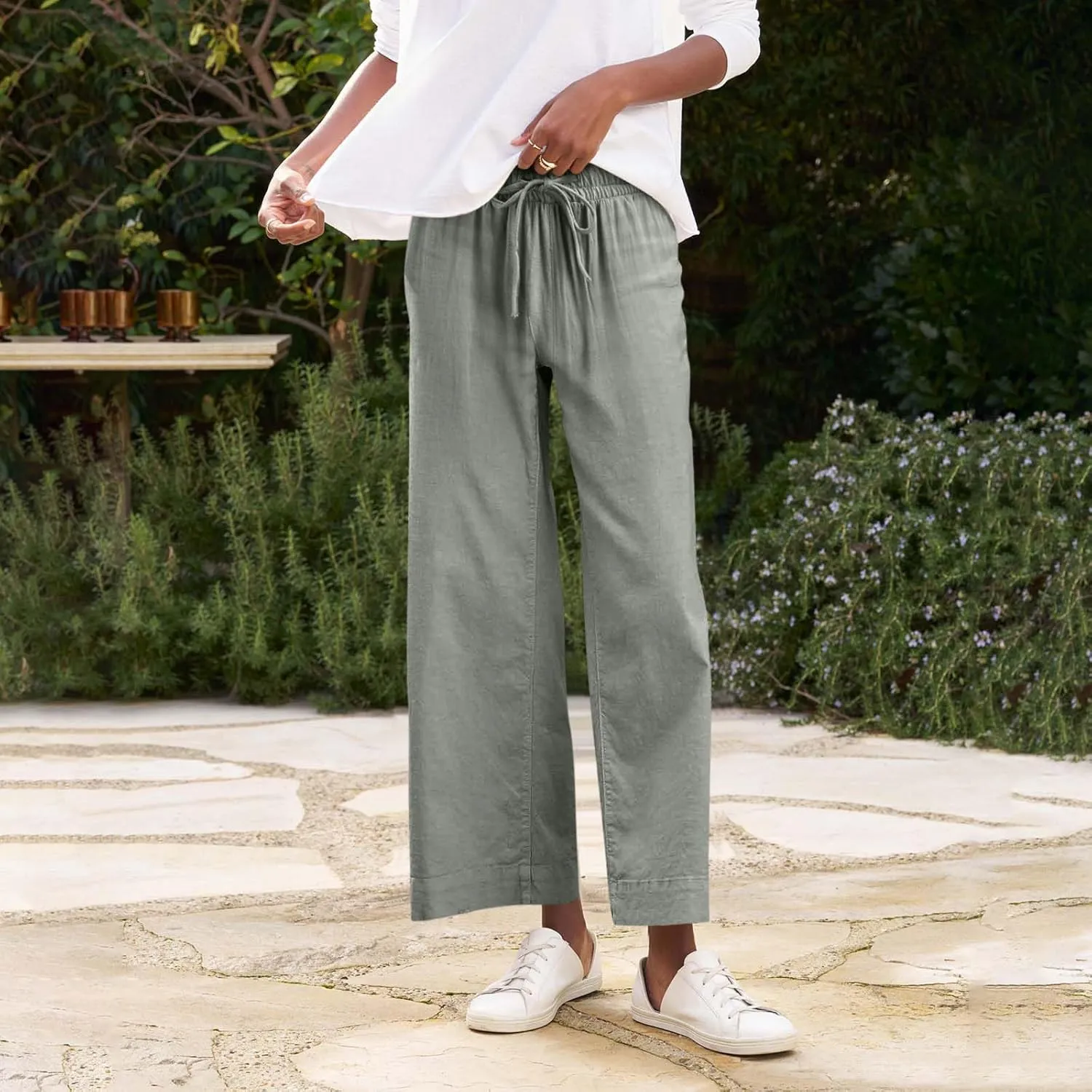 Women Pants Wide Leg Linen High Rise Summer Trendy Pants 2025 Elastic Flowy Palazzo with Pockets Solid Trouser Fashion