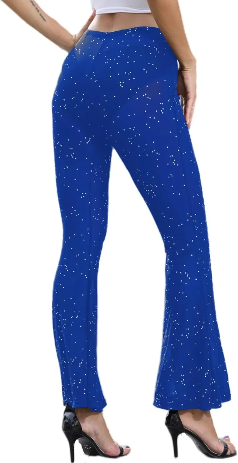 Women Rave Mesh Sheer Pants Flared Bell Bottom Pants for Dance Festival Clubwear