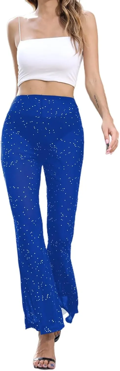 Women Rave Mesh Sheer Pants Flared Bell Bottom Pants for Dance Festival Clubwear