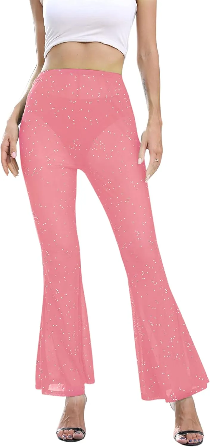 Women Rave Mesh Sheer Pants Flared Bell Bottom Pants for Dance Festival Clubwear