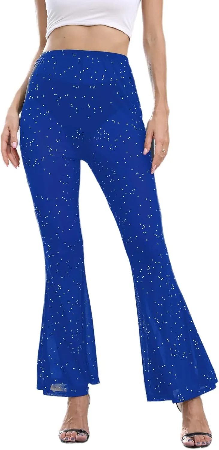 Women Rave Mesh Sheer Pants Flared Bell Bottom Pants for Dance Festival Clubwear